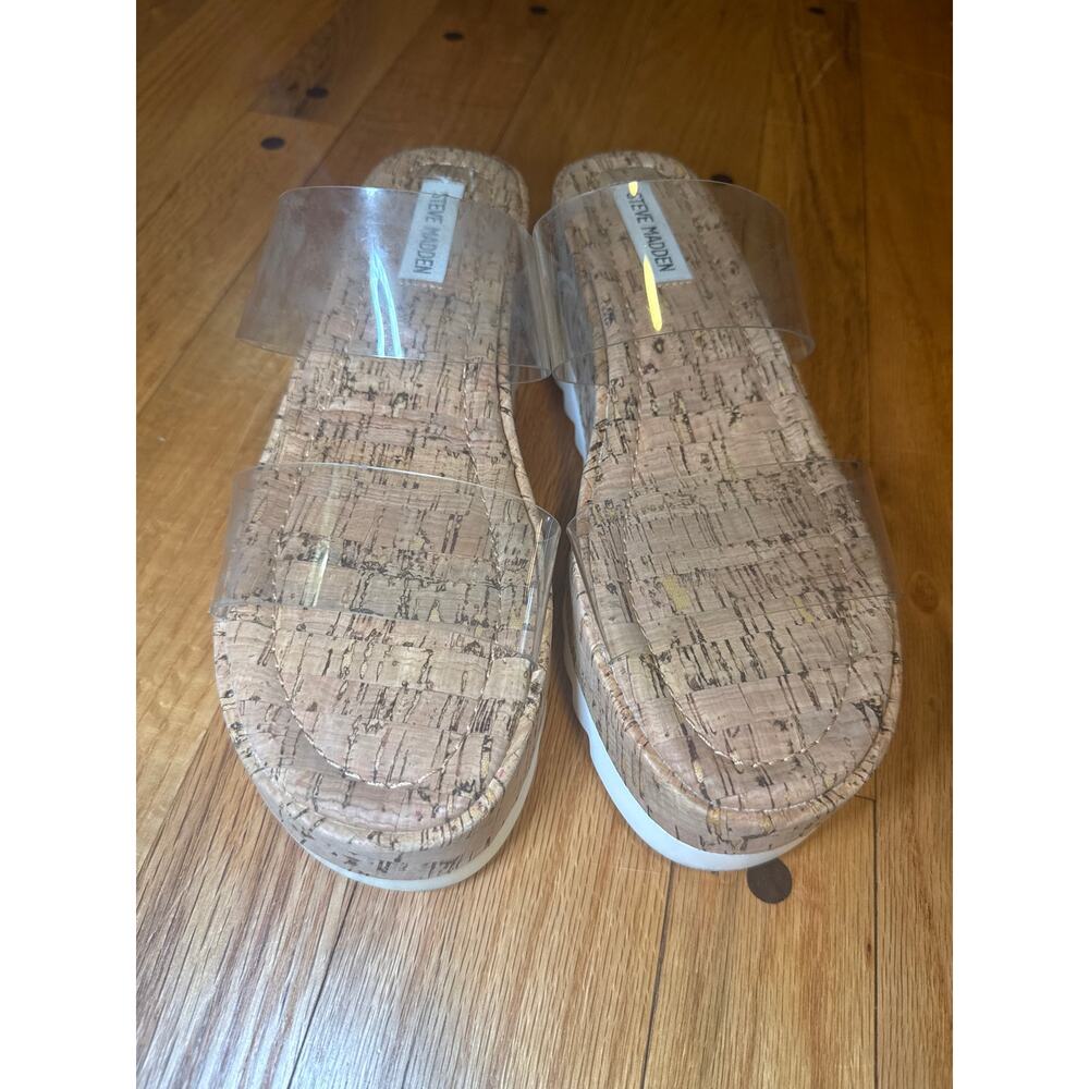 NEW Steve Madden Womens Defuse Cork Clear Vinyl Strap Platform Sandals Sz 8 - Picture 2 of 7